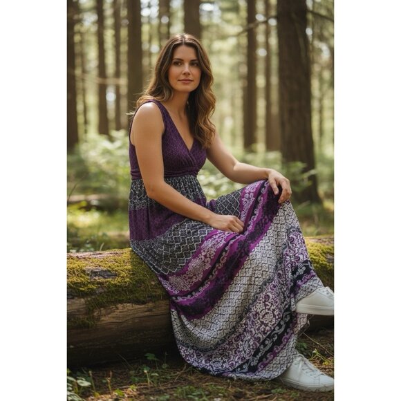 Soma Britney Maxi Patchwork Bandana Dress NEW Medium Purple Whimsigoth Milkmaid - Picture 1 of 10